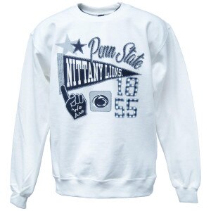 white crew neck sweatshirt with patchwork style Penn State graphics